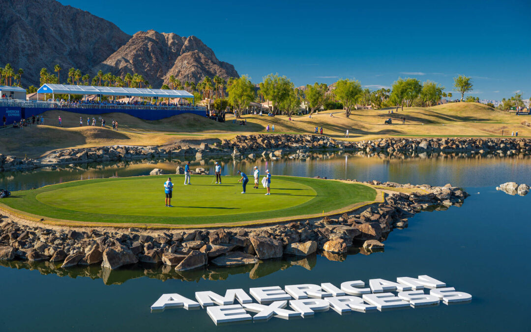 american express sign on pond at golf course